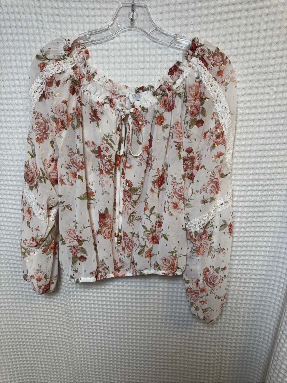 Cream Rose Floral Gold Foil Peasant Blouse with Lace Insert, Size Large